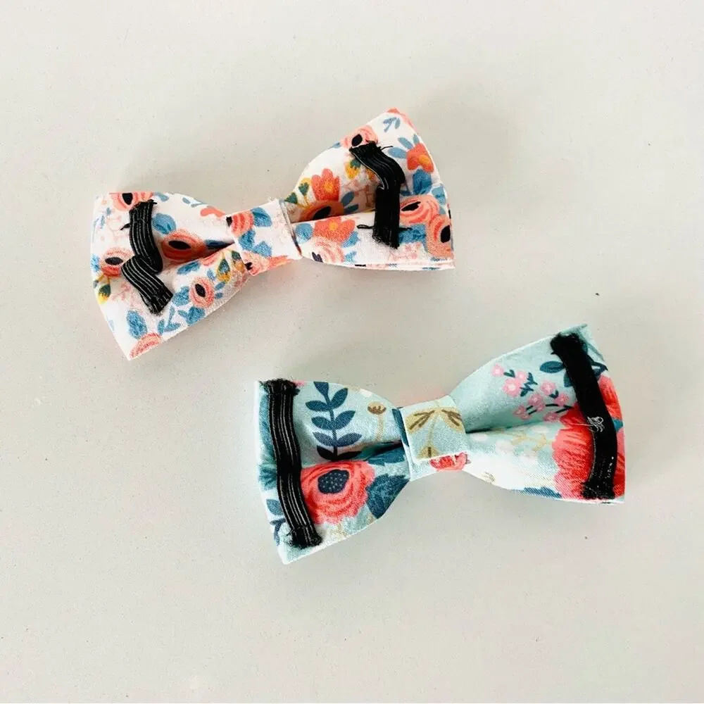 2 NEW HANDMADE Teal Blue Pink Coral Floral Dog Cat Pet Collar Elastic Bow Tie